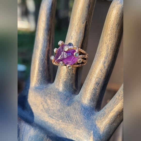 Amethyst raw nugget w/topaz accent stones sterling &rose gold ring sz7.75 - Picture 6 of 12